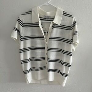 Madewell Polo Sweater Tee White and Black Striped Top